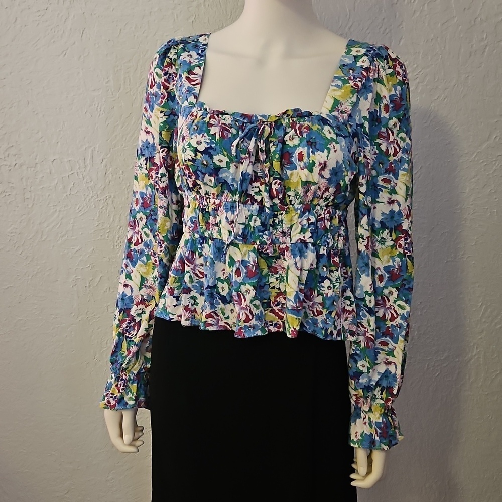 SO Floral Print Square Neck Corset Style Long Sleeve Peasant Top - Picture 3 of 10